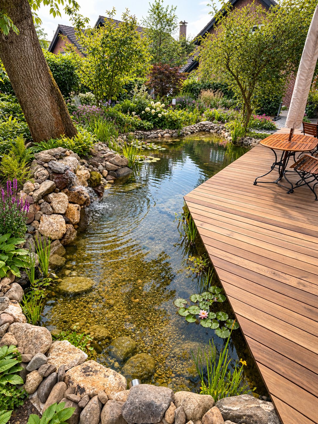 Naturnaher Gartenteich mit Steinufer, Wasserpflanzen und angrenzender Holzterrasse