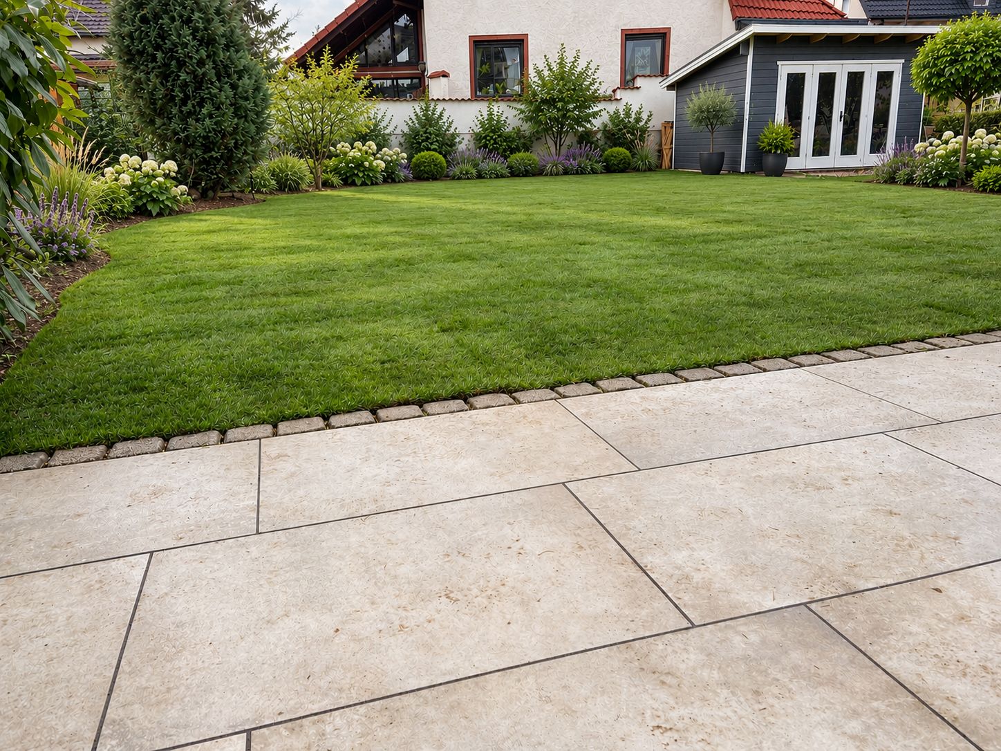 Große helle Keramikterrasse mit Übergang zum Rasen vor Haus und Gartenhaus